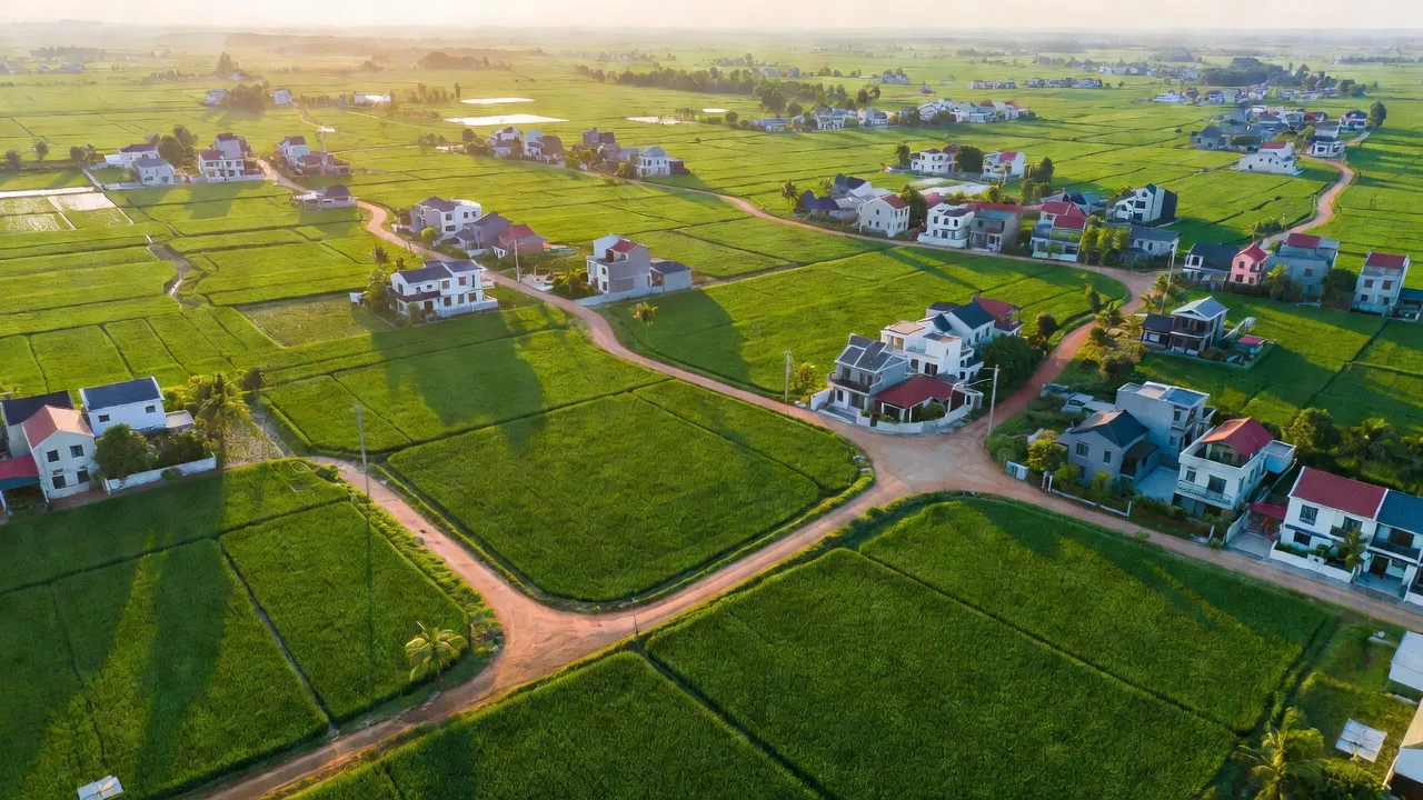 Cảnh sắc xã Việt Hưng, Văn Lâm, Hưng Yên với cánh đồng xanh và nhà cửa hiện đại.