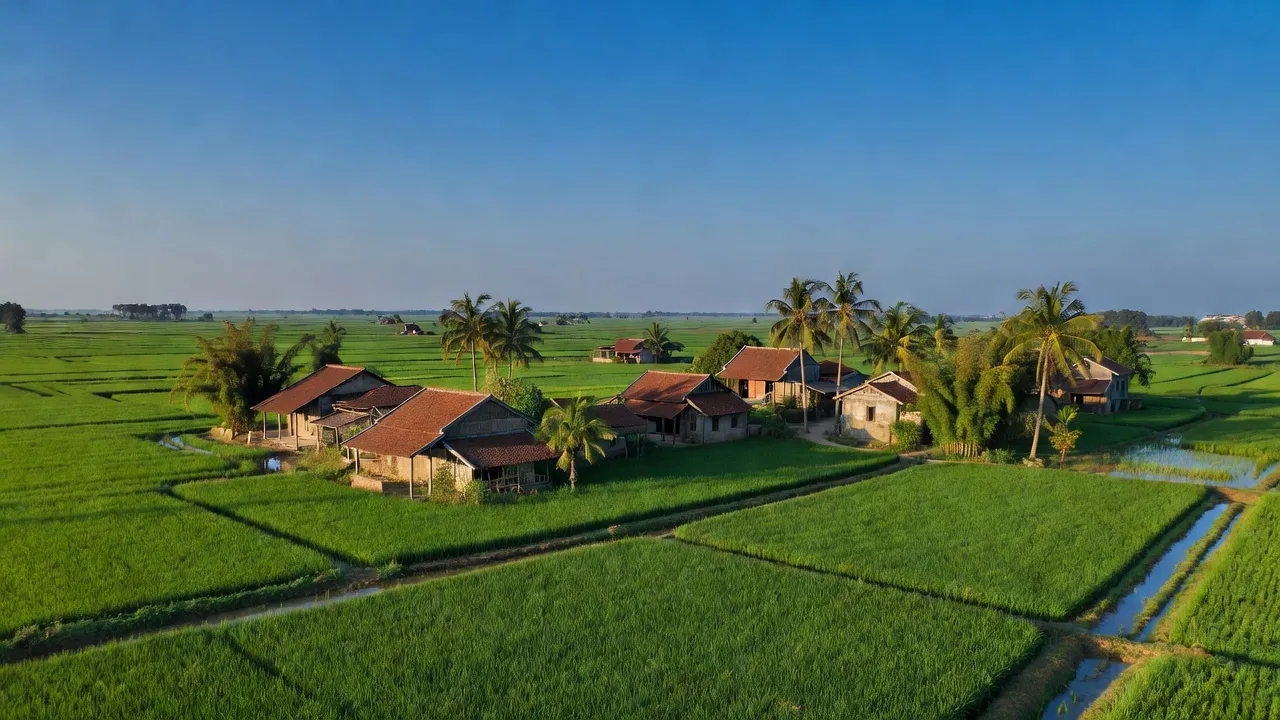 Cảnh đẹp xã Đồng Than, huyện Yên Mỹ, tỉnh Hưng Yên với cánh đồng lúa và nhà truyền thống.