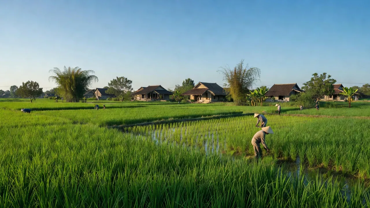 Cảnh đồng quê xã Đồng Than, huyện Yên Mỹ, tỉnh Hưng Yên với cánh đồng xanh và nhà truyền thống.