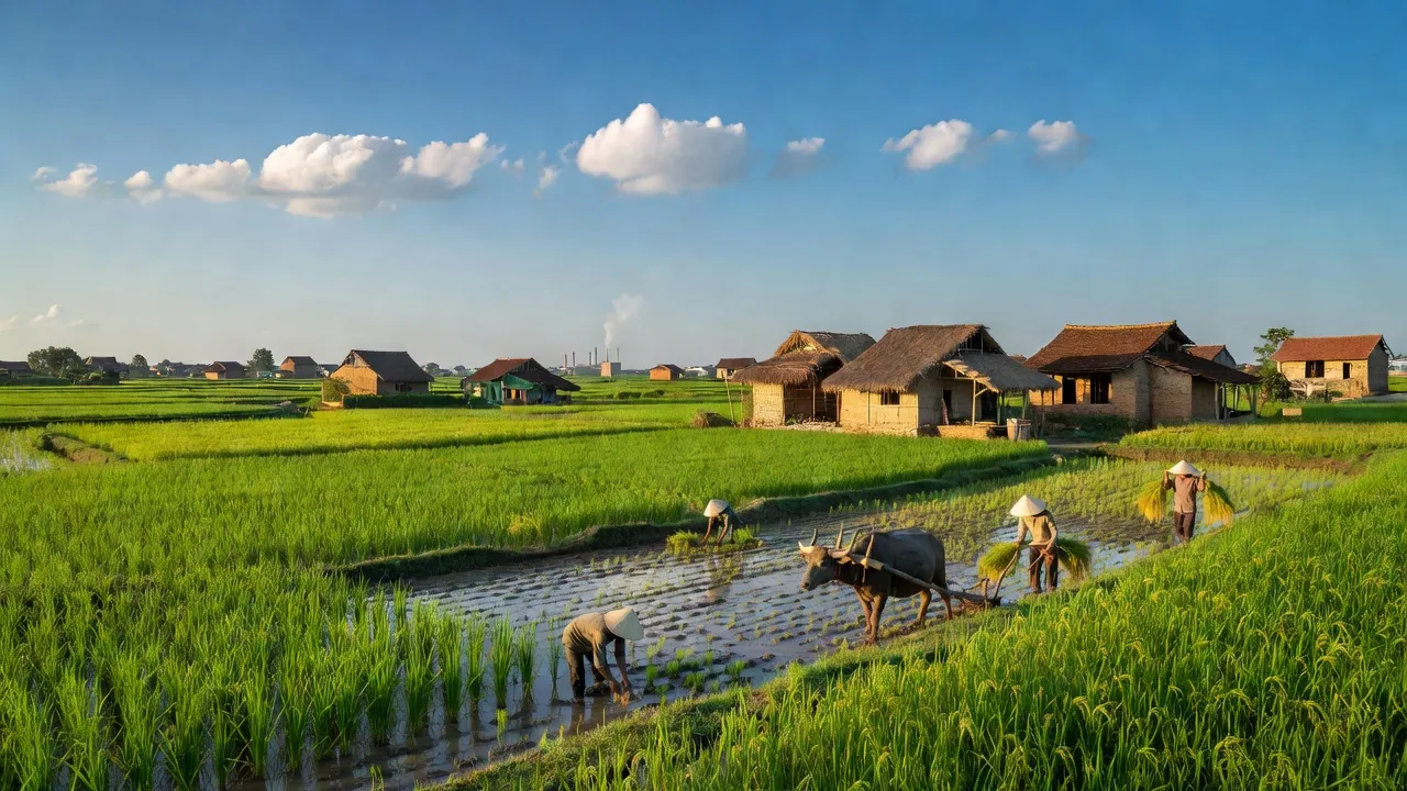Khung cảnh nông thôn ở xã Hoàn Long, huyện Yên Mỹ, tỉnh Hưng Yên với ruộng lúa và nhà truyền thống.