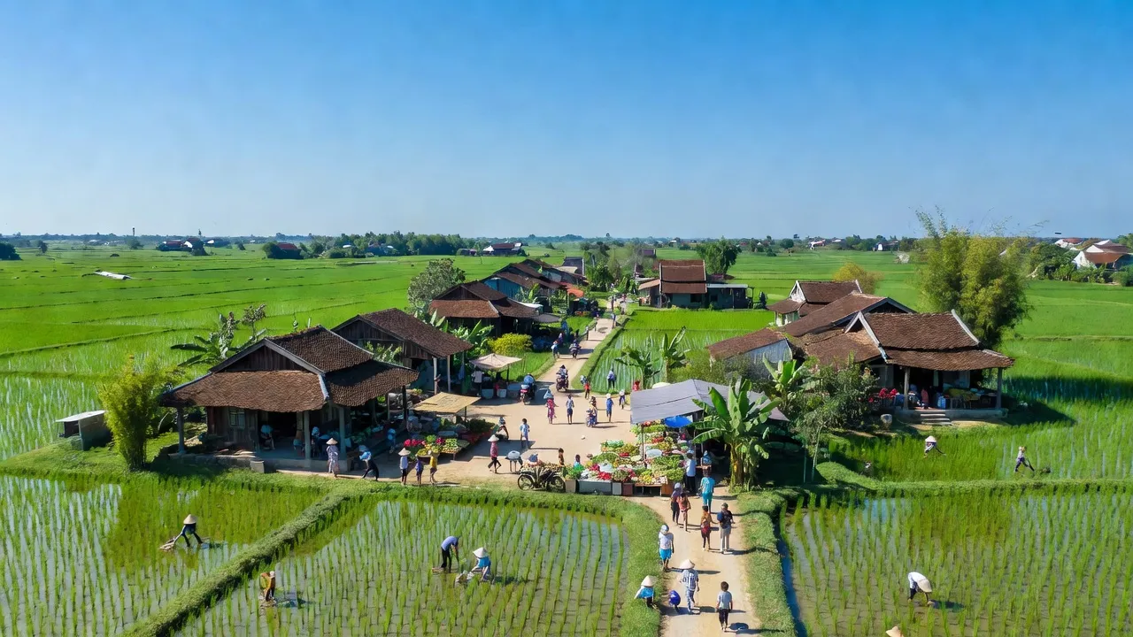 Cảnh xanh tươi của xã Liêu Xá, Yên Mỹ, Hưng Yên với ruộng đồng và nhà truyền thống.