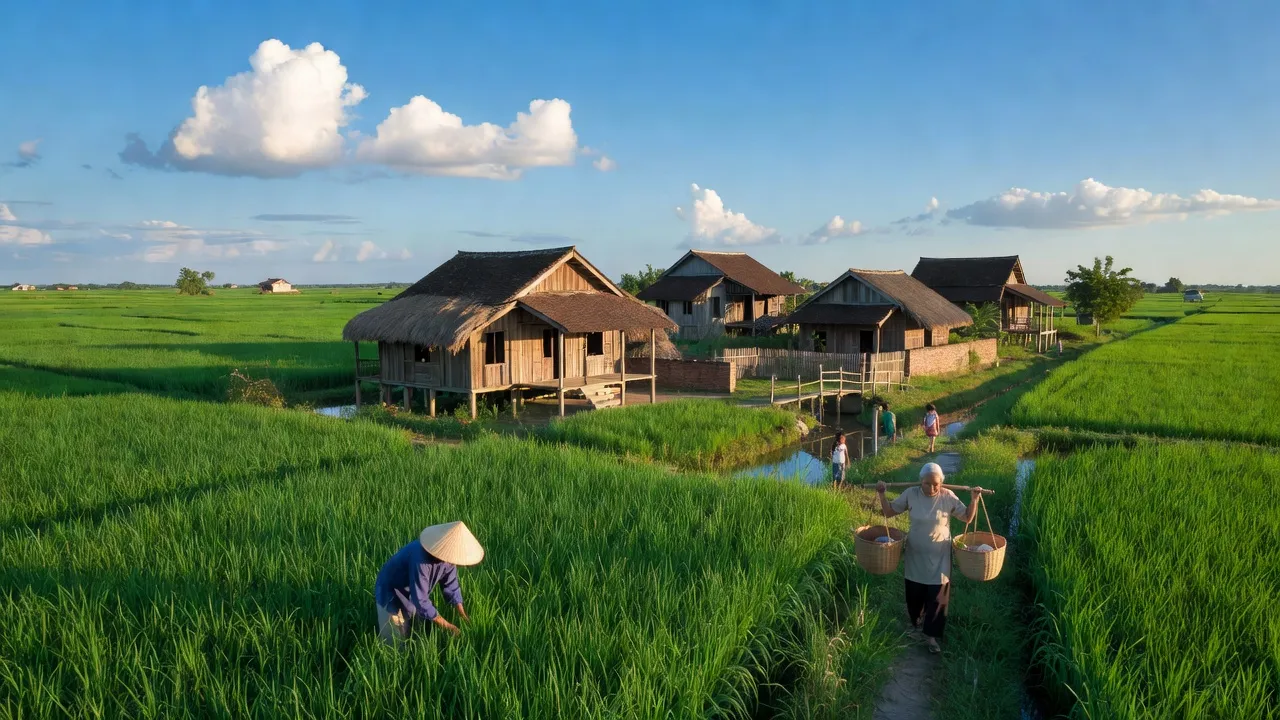 Khung cảnh làng Ngọc Long, huyện Yên Mỹ, tỉnh Hưng Yên với cánh đồng xanh tươi.