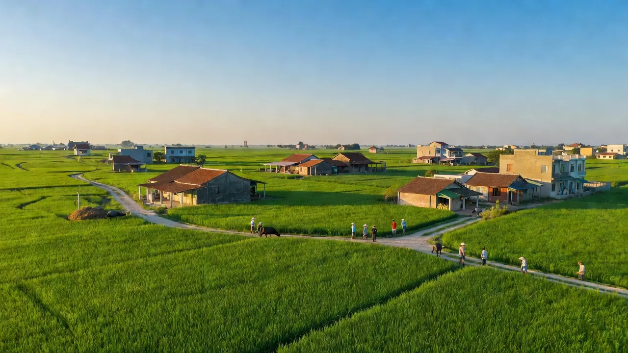 Khung cảnh xã Nguyễn Văn Linh, huyện Yên Mỹ, tỉnh Hưng Yên với cánh đồng và nhà cửa, thể hiện văn hóa Việt Nam.