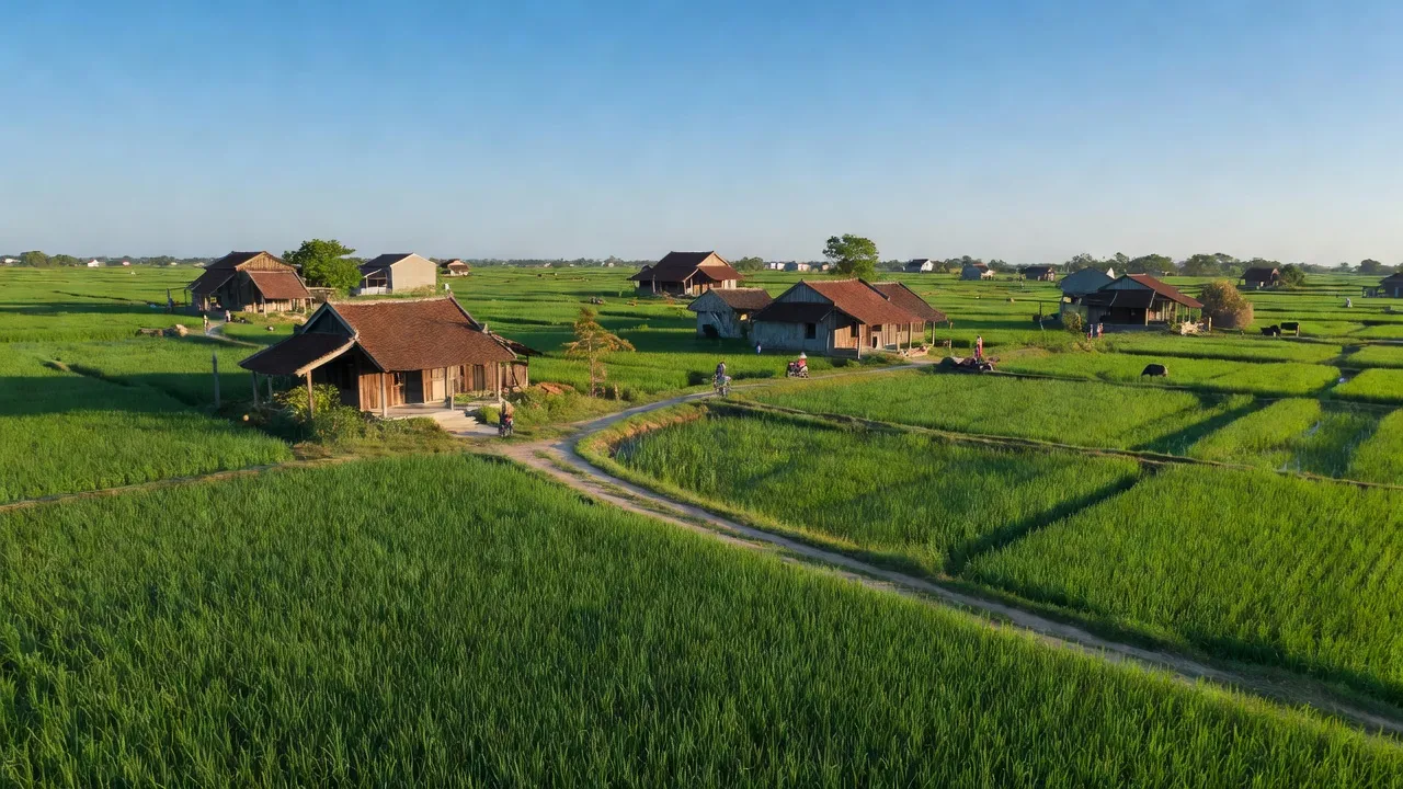 Khung cảnh xã Nguyễn Văn Linh, huyện Yên Mỹ, tỉnh Hưng Yên với cánh đồng xanh tươi và nhà truyền thống.