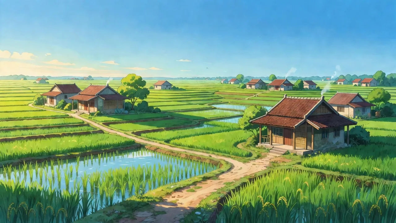 Cảnh quan xã Tân Lập, huyện Yên Mỹ, tỉnh Hưng Yên với cánh đồng xanh và nhà truyền thống.