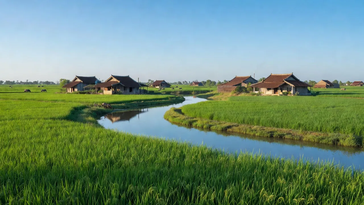 Cảnh quan Xã Thanh Long, Huyện Yên Mỹ, Tỉnh Hưng Yên với đồng xanh và nhà truyền thống.