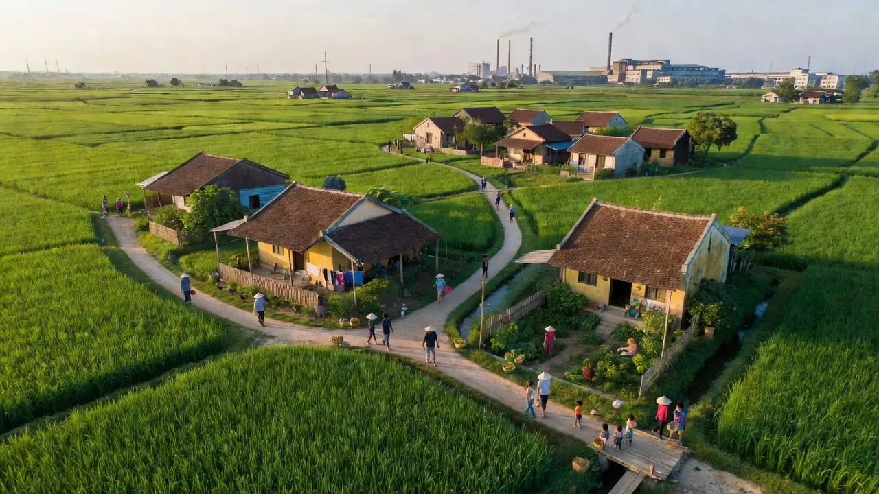 Cảnh quan xã Trung Hòa, huyện Yên Mỹ, tỉnh Hưng Yên với đồng ruộng xanh tươi và kiến trúc nông thôn.