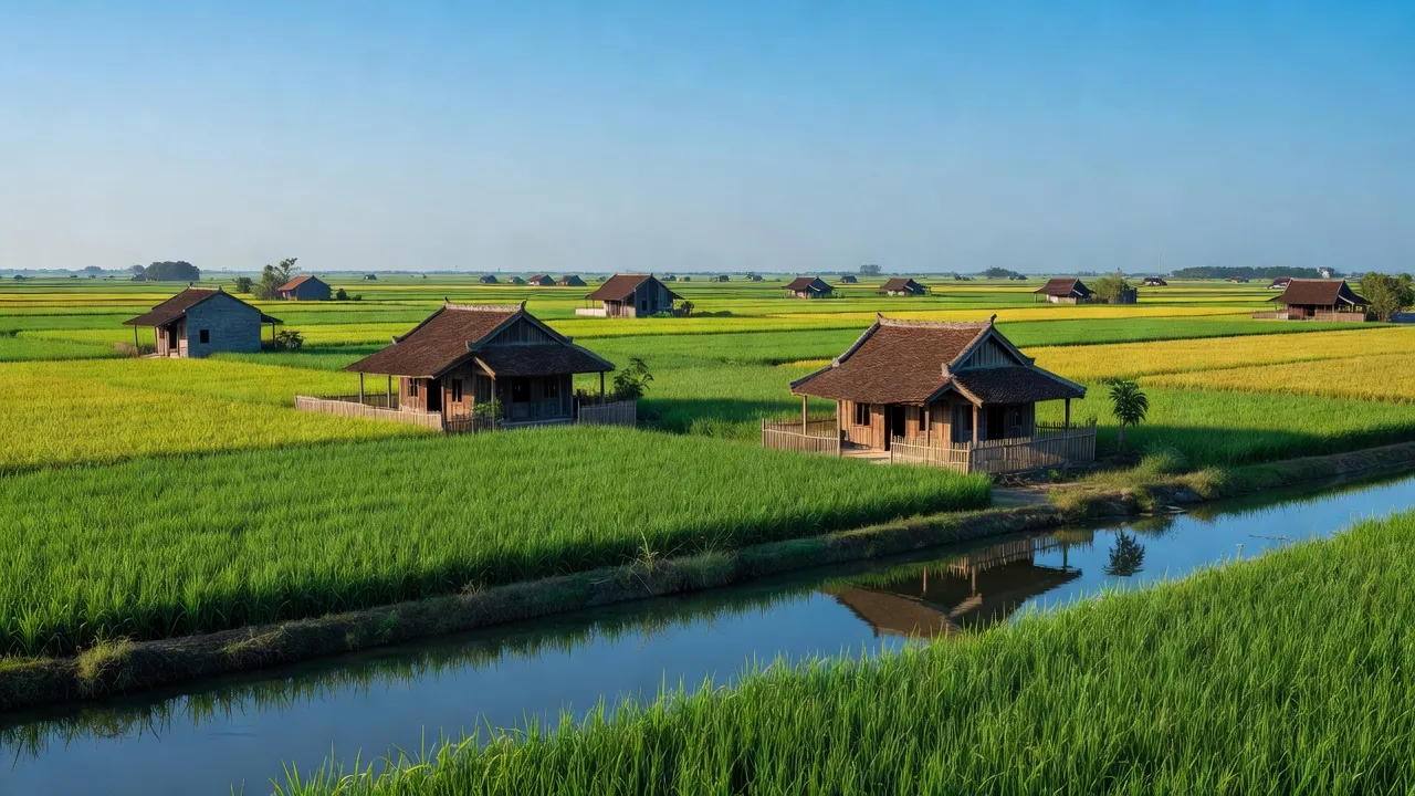 Cảnh đồng lúa xanh và nhà truyền thống tại xã Việt Yên, huyện Yên Mỹ, tỉnh Hưng Yên.