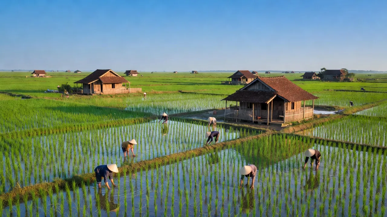 Khung cảnh yên bình xã Yên Phú, huyện Yên Mỹ, với cánh đồng lúa và nhà truyền thống.