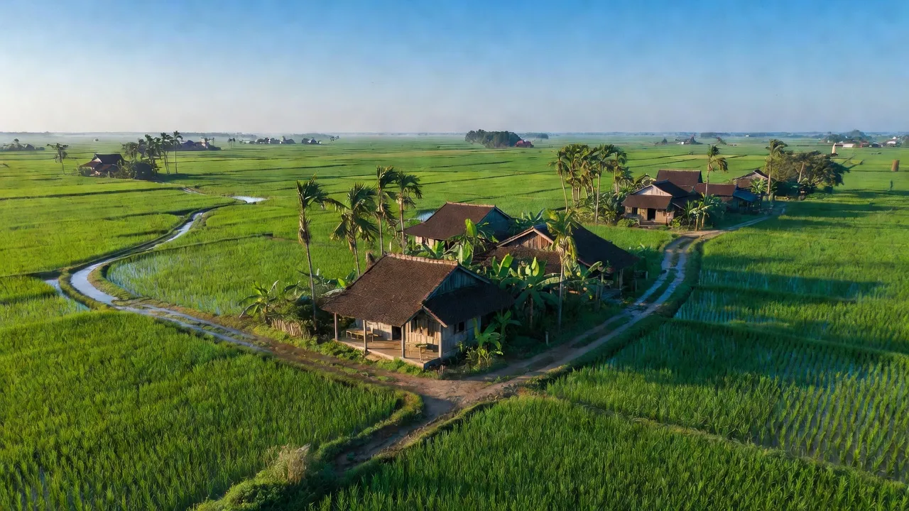 Phong cảnh xã Yên Phú, huyện Yên Mỹ, tỉnh Hưng Yên với đồng ruộng xanh tươi và nhà truyền thống.