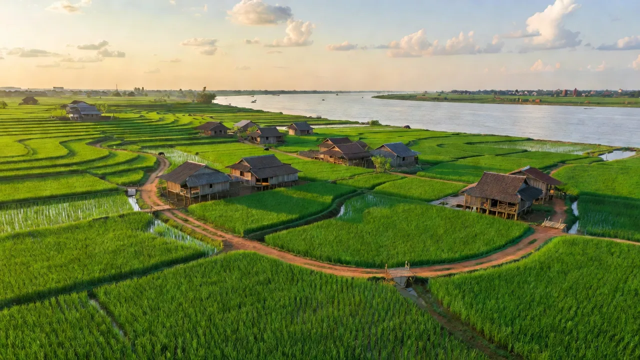 Khung cảnh tỉnh Hưng Yên với cánh đồng xanh và sông Hồng, thể hiện vẻ đẹp nông thôn Việt Nam.