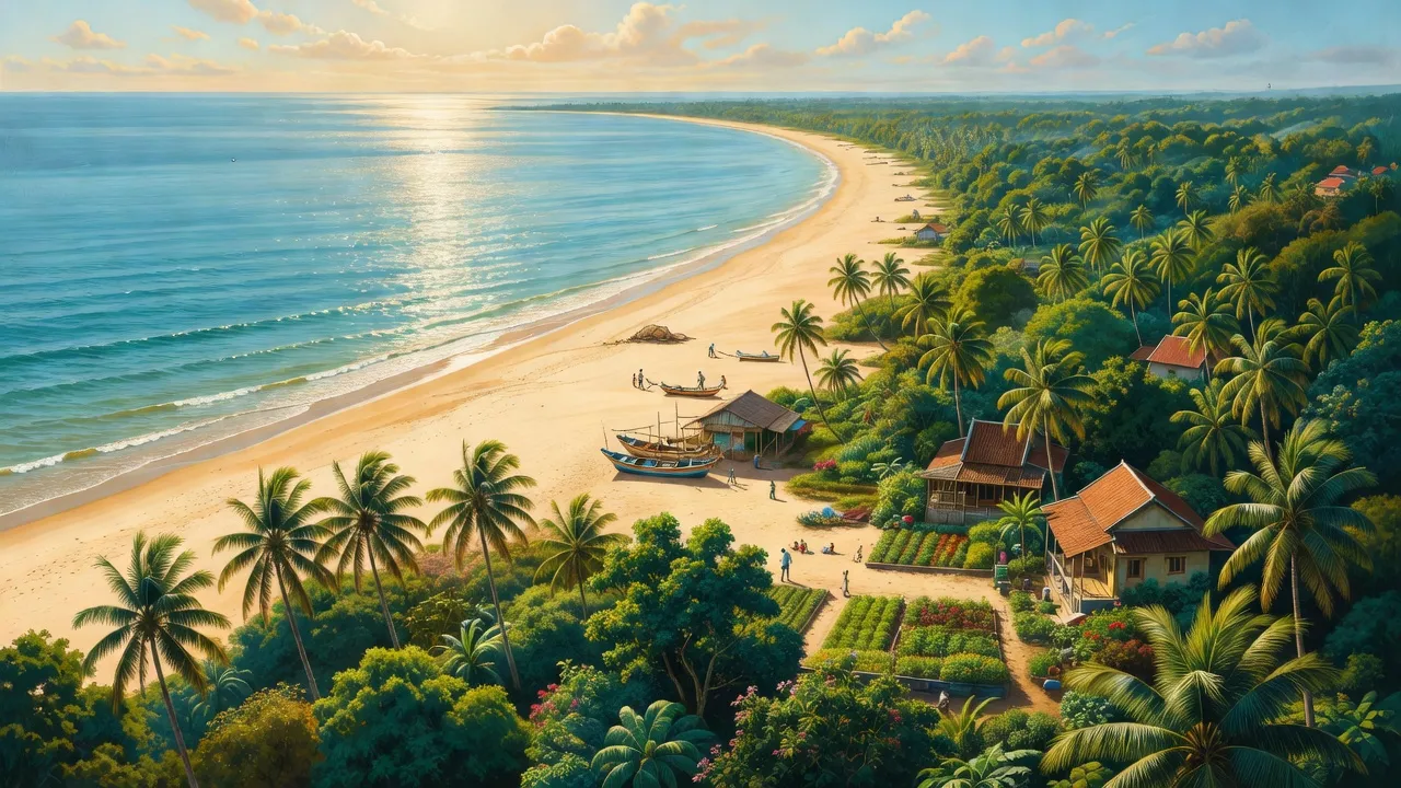 Cảnh đẹp xã Cam An Bắc, huyện Cam Lâm, tỉnh Khánh Hòa, bãi biển xanh và cây cối tươi tốt.