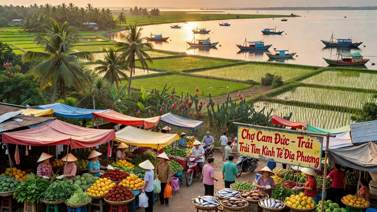 Thị trấn Cam Đức với chợ địa phương và đầm Thủy Triều, Khánh Hòa, trung tâm văn hóa và kinh tế.
