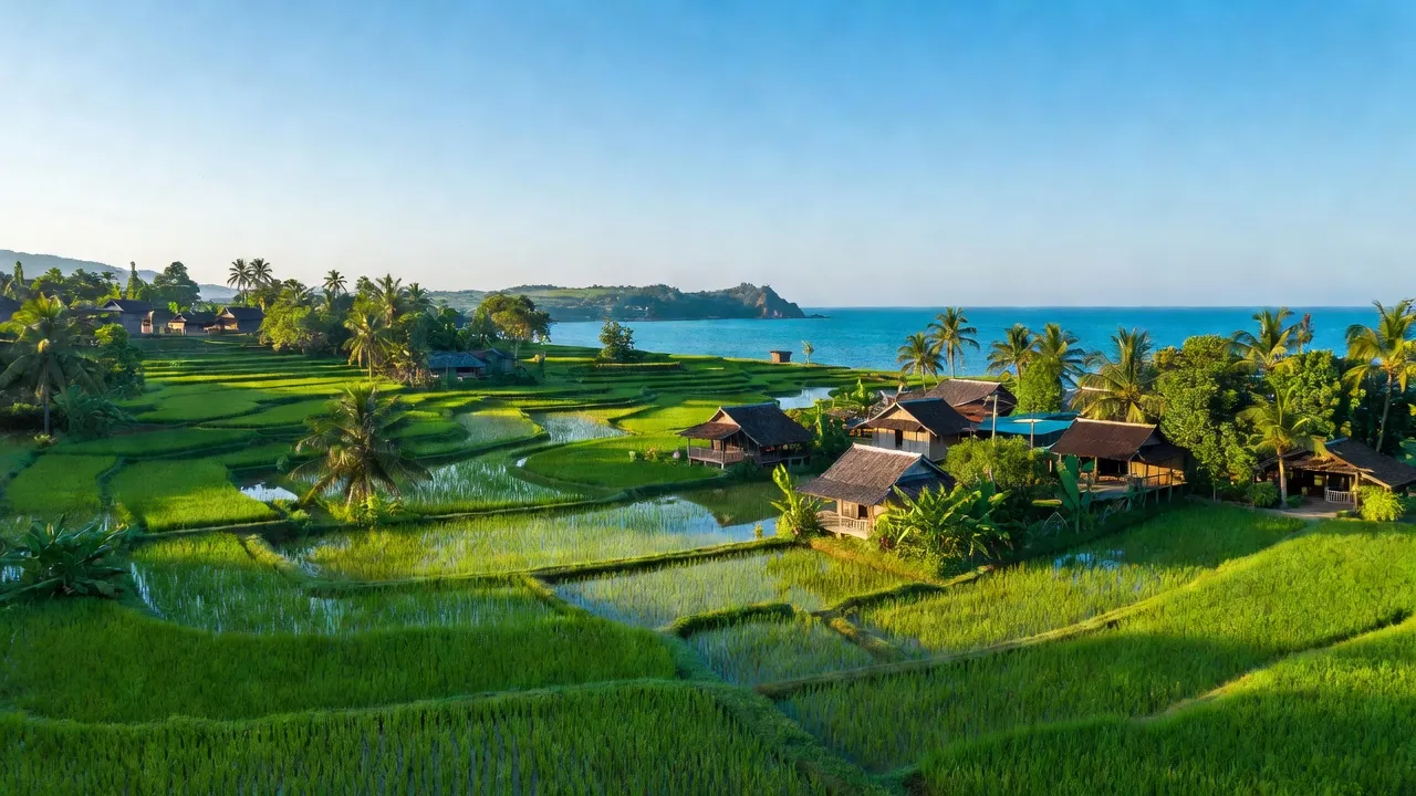 Cảnh sắc đồng bằng ven biển xã Cam Hiệp Nam, huyện Cam Lâm, tỉnh Khánh Hòa, với nhà truyền thống và đồng ruộng.