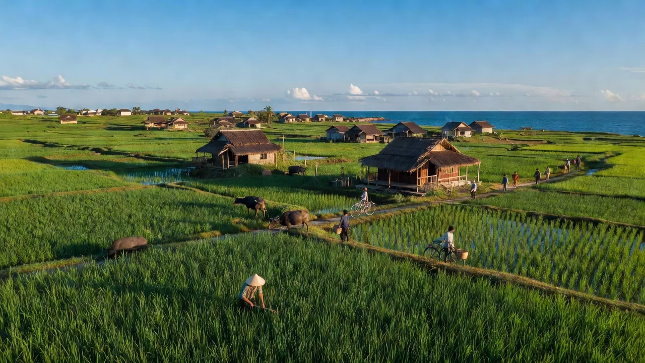 Khung cảnh xã Cam Hiệp Nam, huyện Cam Lâm, tỉnh Khánh Hòa với đồng ruộng xanh mát.