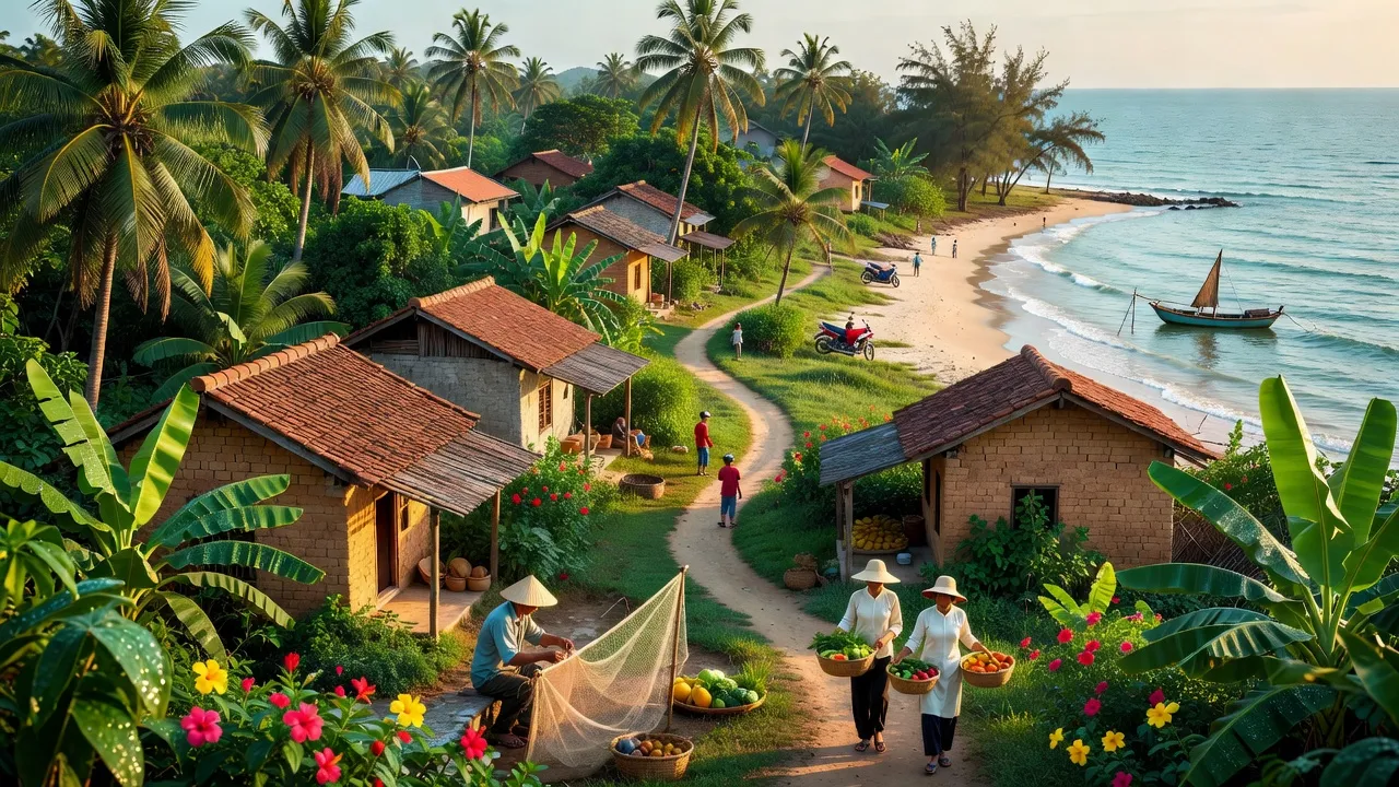 Cảnh quan xã Cam Hòa với biển Đông, cây cối xanh tươi, thuộc huyện Cam Lâm, Khánh Hòa.