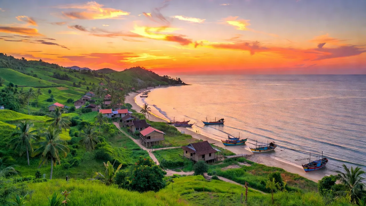 Cảnh biển xã Cam Tân, huyện Cam Lâm, tỉnh Khánh Hòa với sóng biển và ngọn đồi xanh tươi.