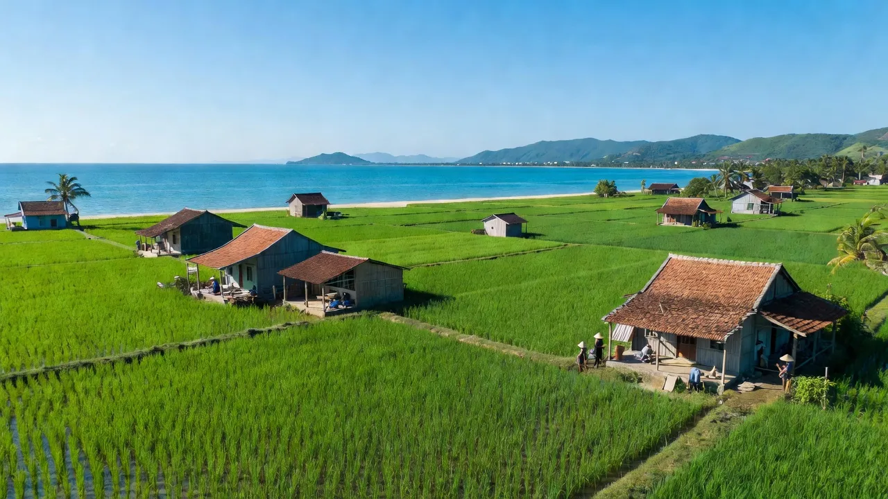 Cảnh đẹp xã Cam Thành Bắc, huyện Cam Lâm, tỉnh Khánh Hòa với đồng xanh và nhà truyền thống.