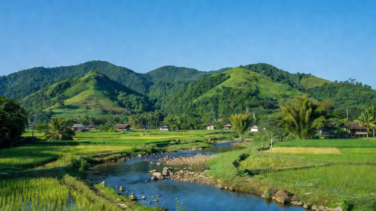 Khung cảnh Xã Suối Cát, Huyện Cam Lâm, Tỉnh Khánh Hòa với núi xanh và suối trong lành.