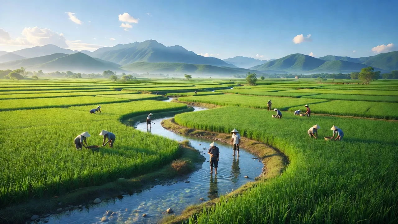 Cánh đồng xanh ở xã Suối Tân, huyện Cam Lâm, tỉnh Khánh Hòa, gần gũi với thiên nhiên.