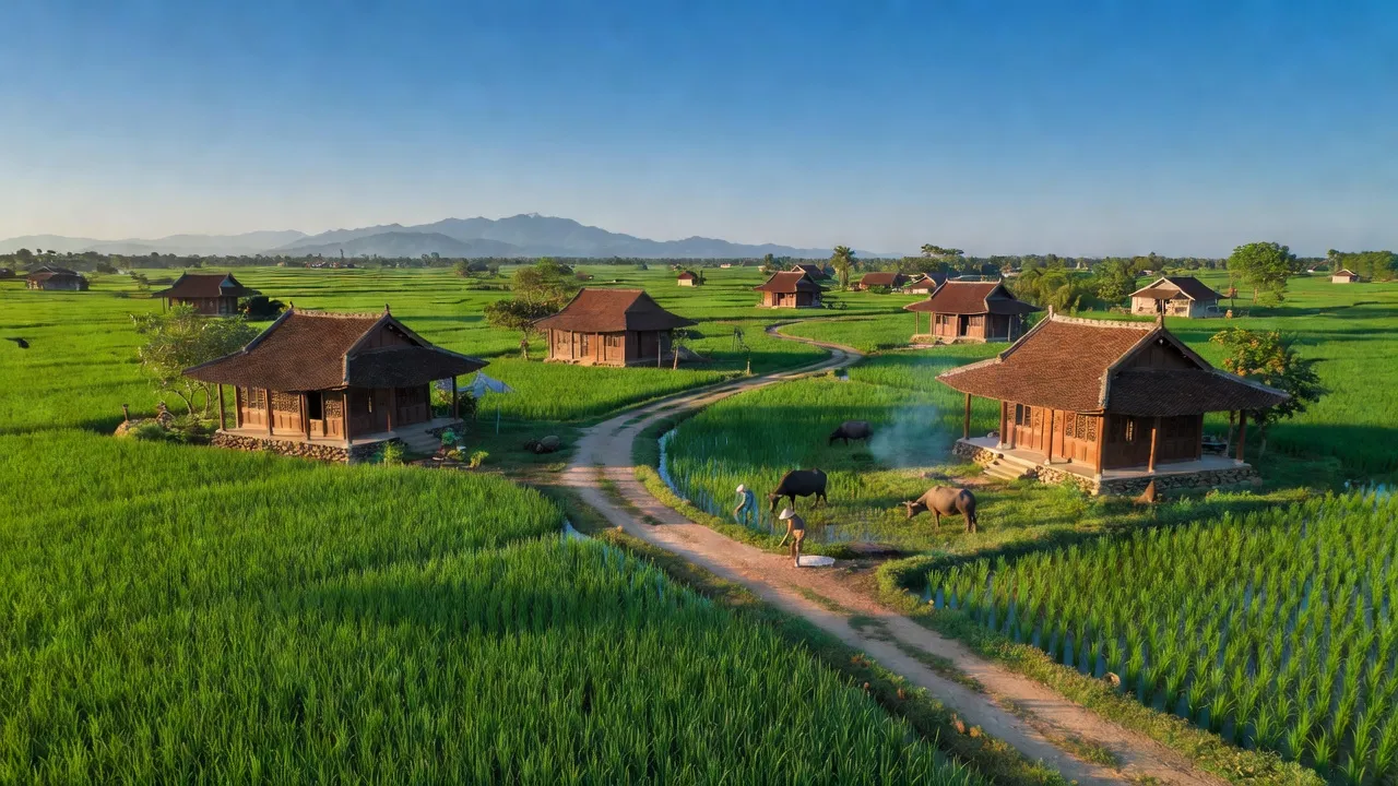 Cảnh quan xã Suối Tân, huyện Cam Lâm, tỉnh Khánh Hòa với đồng cỏ xanh mướt và nhà truyền thống.