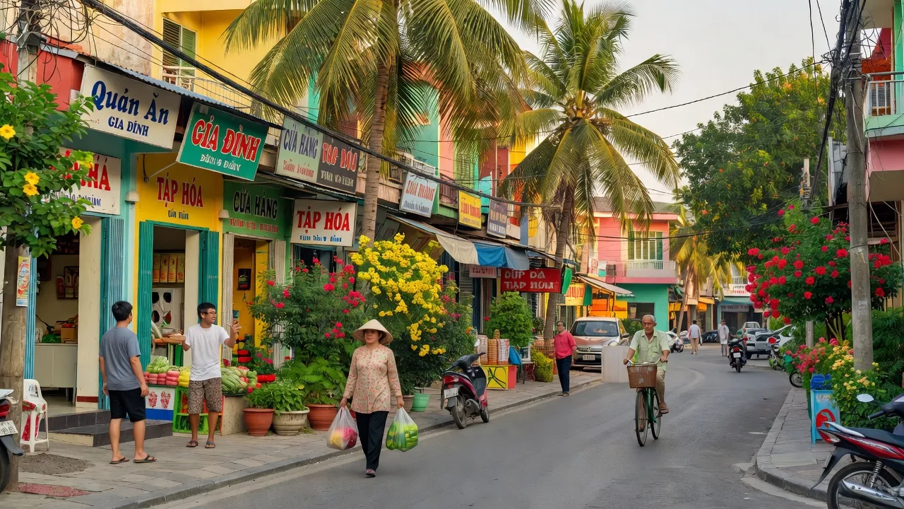 Cảnh đường phố nhộn nhịp tại Phường Cam Lộc, thành phố Cam Ranh, tỉnh Khánh Hòa, với cửa hàng và cây xanh.
