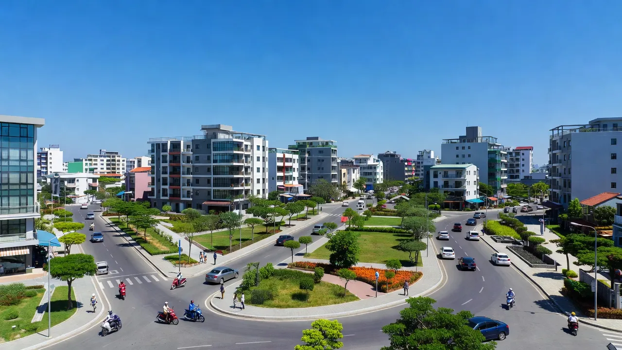 Khung cảnh phường Cam Nghĩa, thành phố Cam Ranh, tỉnh Khánh Hòa với khu dân cư và giao thông nhộn nhịp.