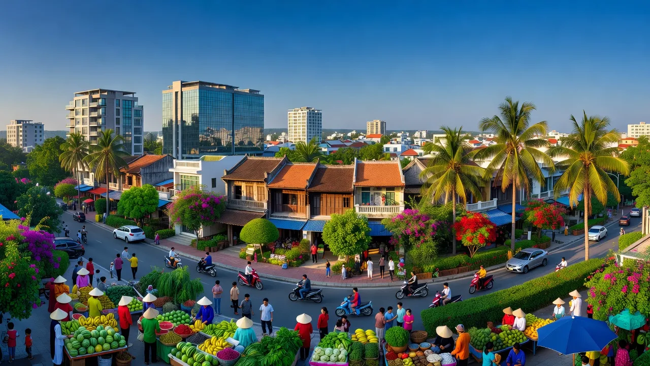 Khung cảnh Phường Cam Phúc Bắc, thành phố Cam Ranh, với cuộc sống đô thị sôi động và thiên nhiên xanh tươi.