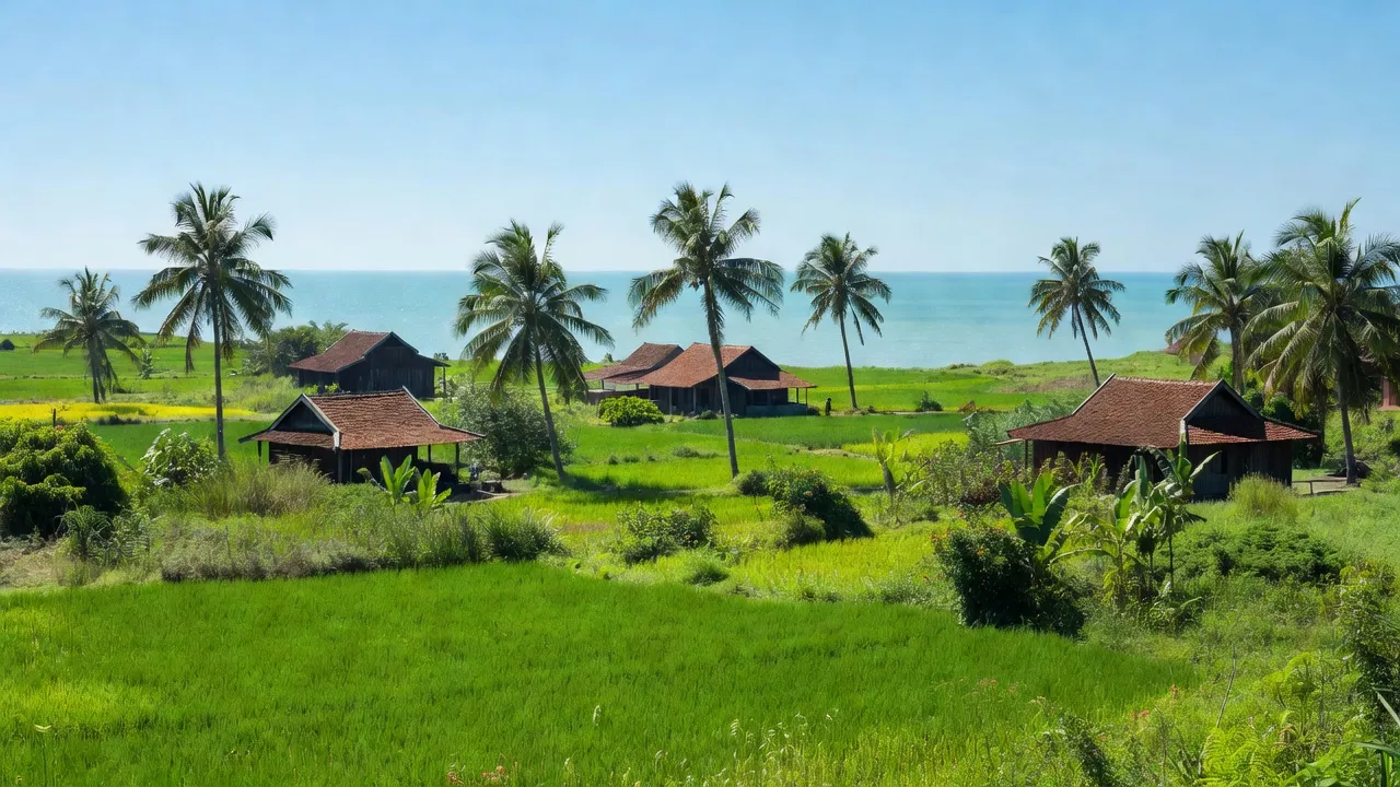 Khung cảnh yên bình tại Xã Cam Phước Đông, thành phố Cam Ranh, tỉnh Khánh Hòa, biển và cây cối.