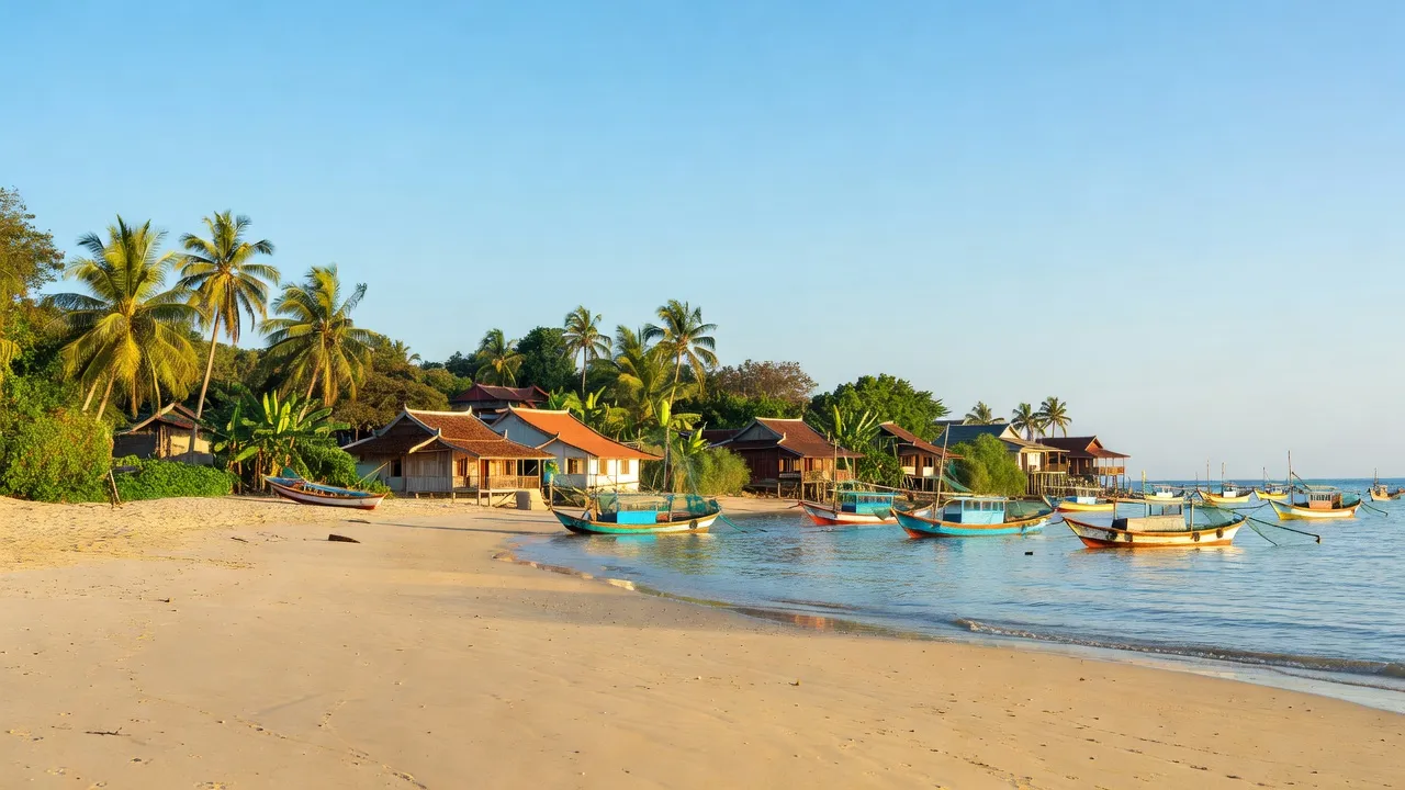 Khung cảnh Yên bình xã Cam Thịnh Đông, thành phố Cam Ranh, tỉnh Khánh Hòa với bãi biển và thuyền đánh cá.