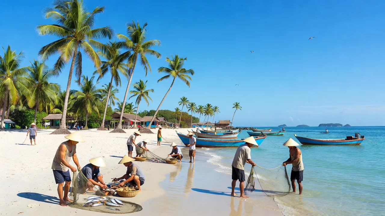 Phong cảnh làng Cam Thịnh Tây, thành phố Cam Ranh, tỉnh Khánh Hòa với biển, cây cọ và ngư dân.