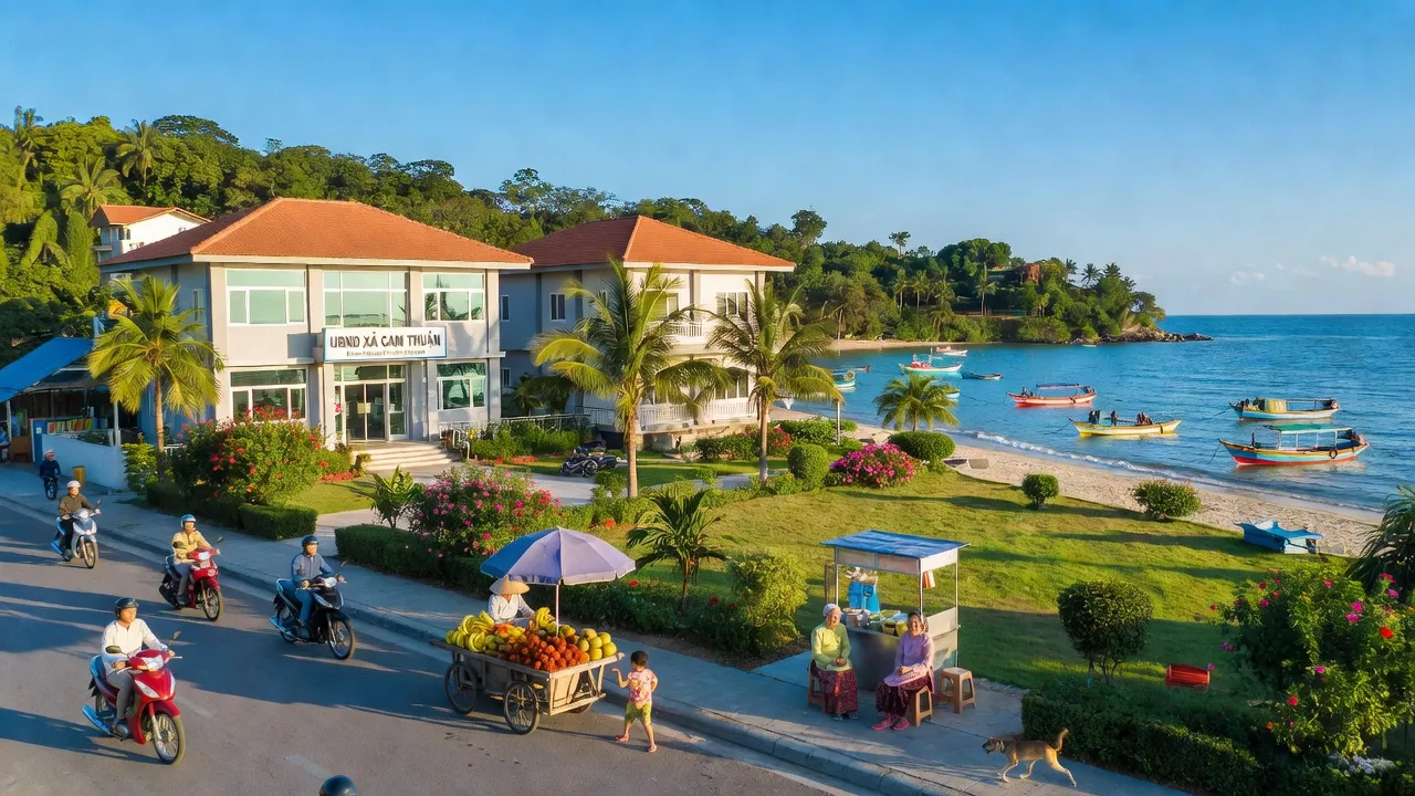 Khung cảnh phường Cam Thuận, Thành phố Cam Ranh, tỉnh Khánh Hòa với cây xanh và bầu trời trong xanh.