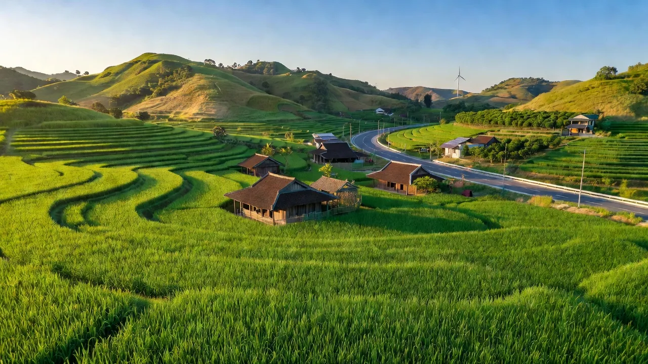 Khung cảnh Diên Khánh, Khánh Hòa với cánh đồng, đồi xanh và nhà truyền thống, thể hiện tiềm năng phát triển.