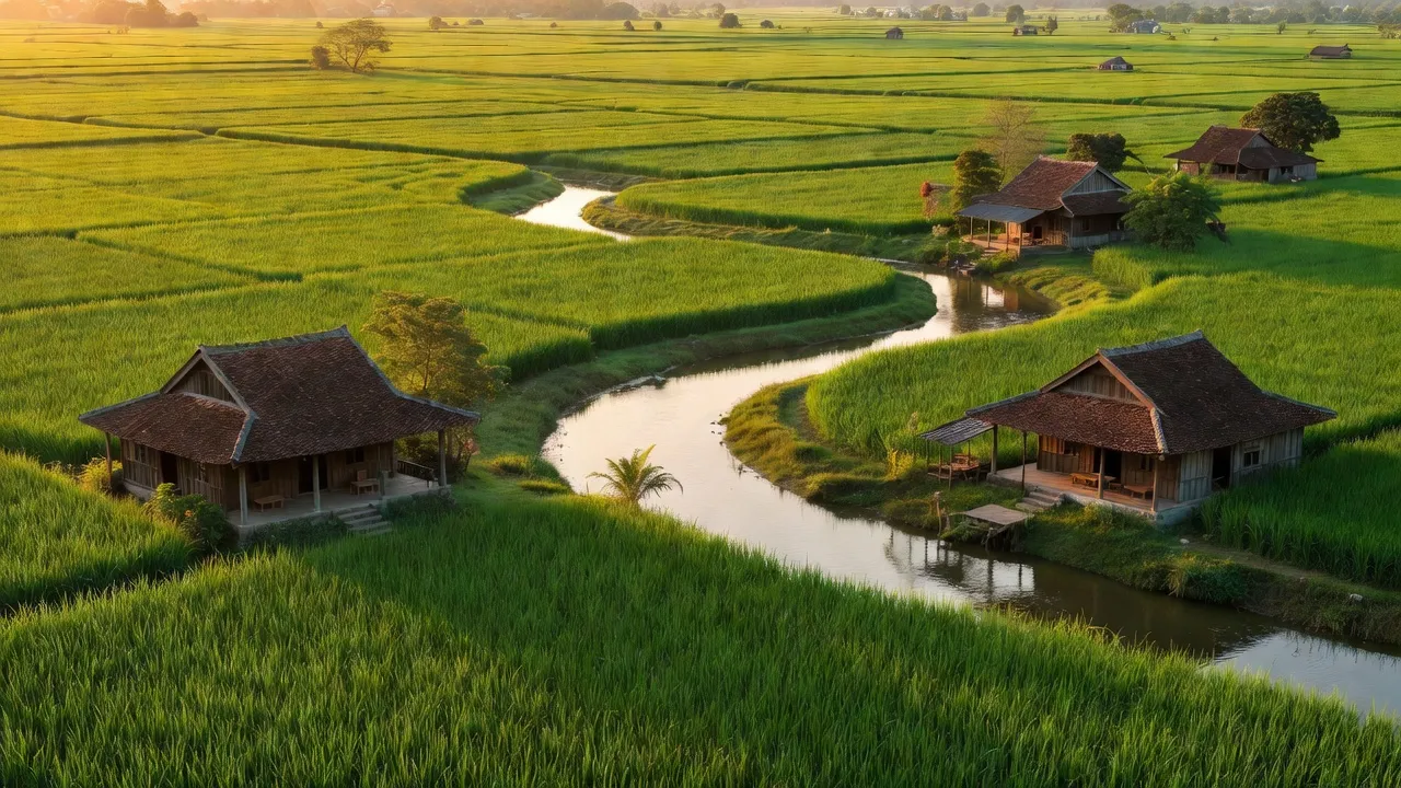 Cảnh đẹp xã Diên An, huyện Diên Khánh, tỉnh Khánh Hòa với cánh đồng xanh và sông uốn lượn.