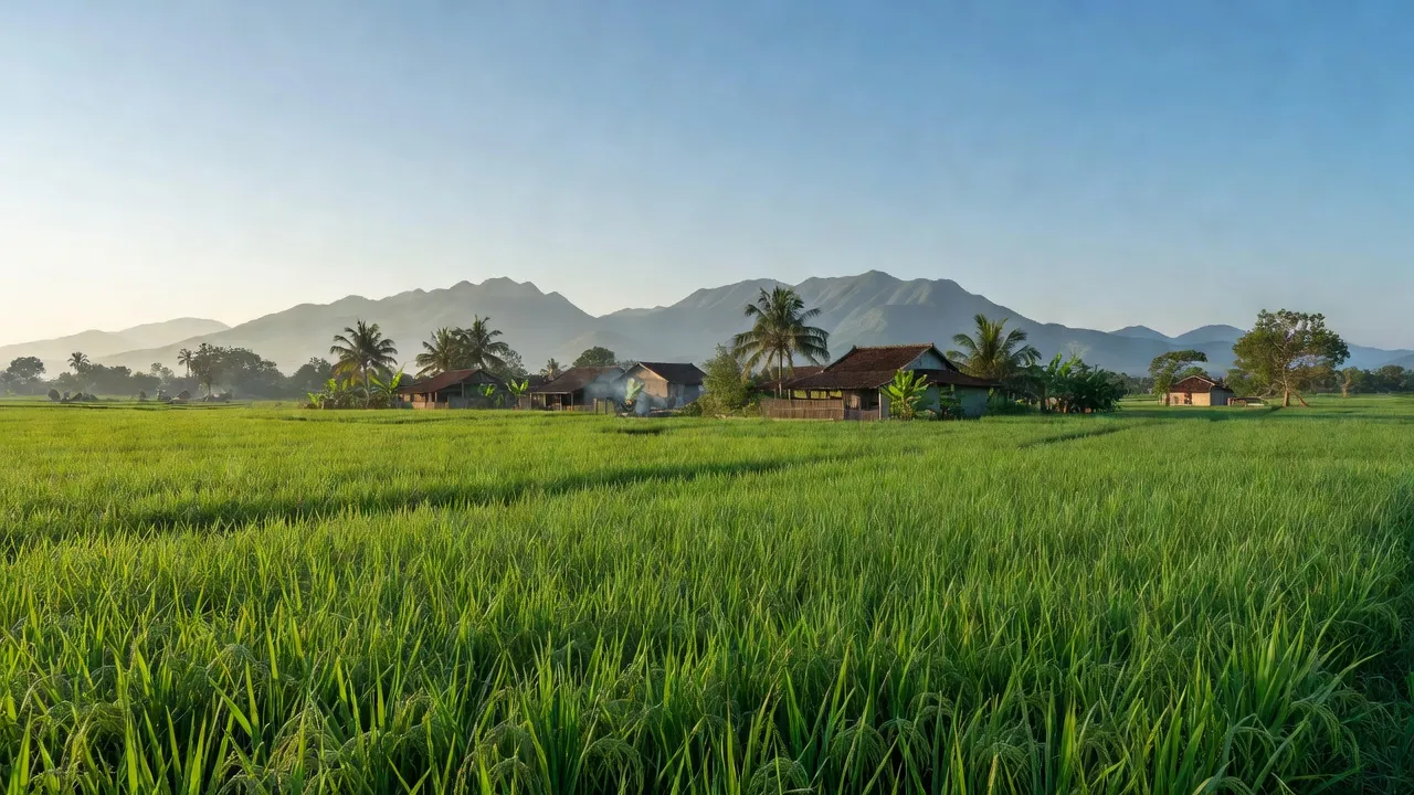 Cảnh quan xã Diên An, huyện Diên Khánh với cánh đồng xanh và núi phía xa, Khánh Hòa.