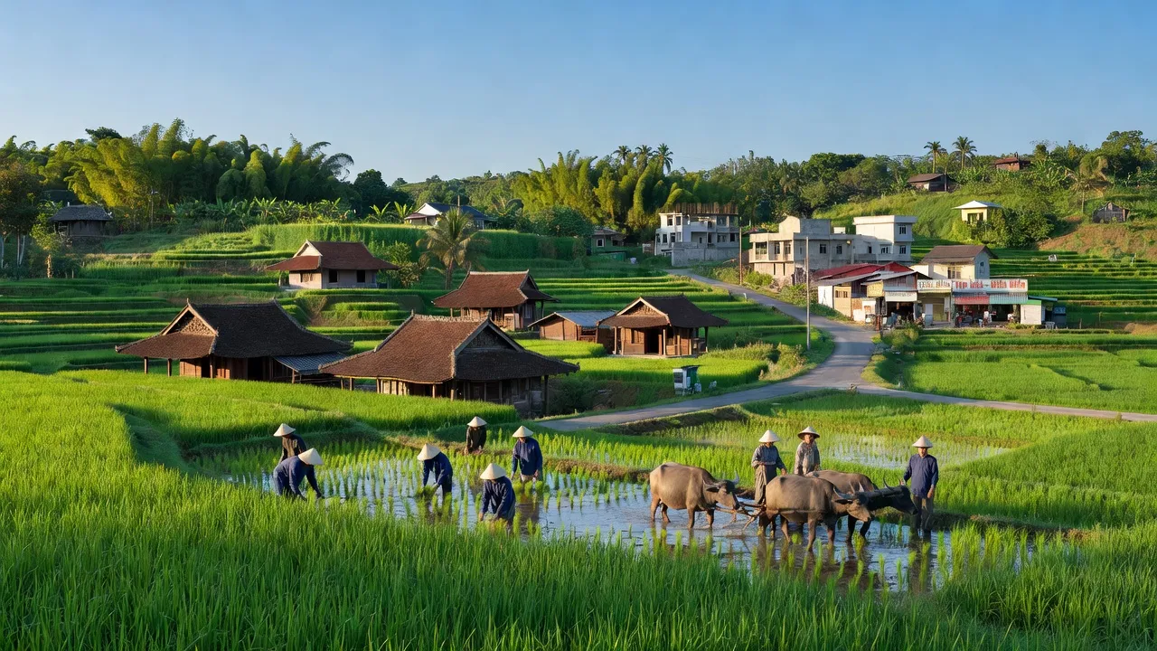 Khung cảnh nông thôn Xã Diên Điền, huyện Diên Khánh với đồng xanh và nhà truyền thống.