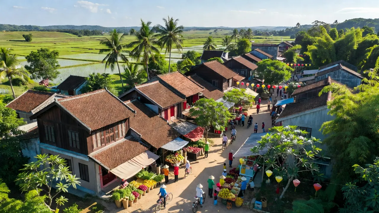 Khung cảnh thị trấn Diên Khánh với kiến trúc Việt truyền thống và không gian xanh tươi.