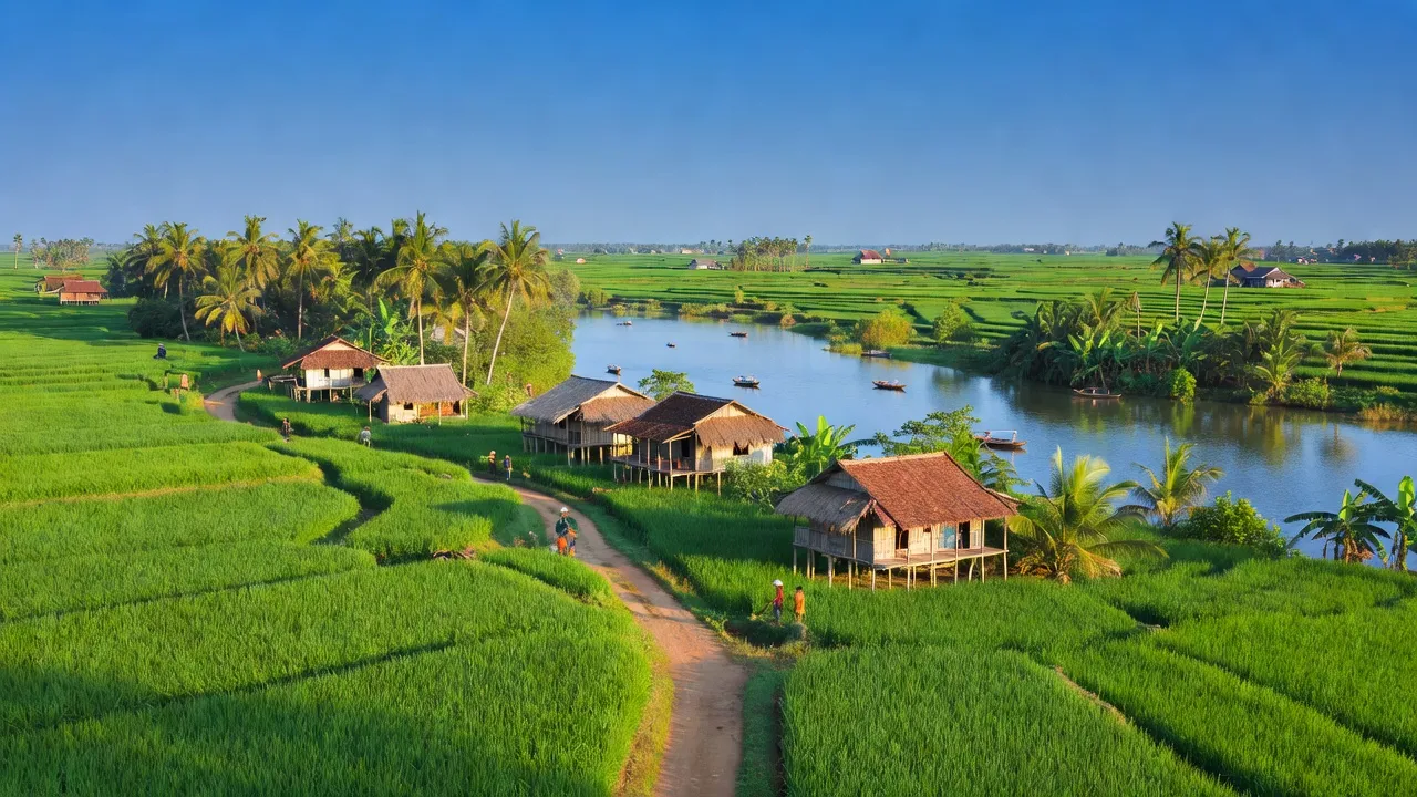 Khung cảnh nông thôn xã Diên Phước, huyện Diên Khánh với đồng lúa và sông Cái Nha Trang.