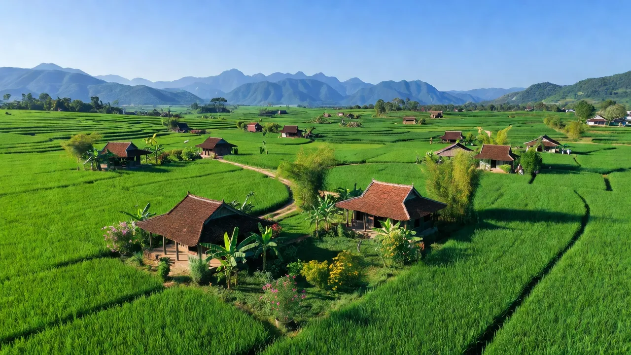 Cảnh quan xã Diên Sơn, huyện Diên Khánh, tỉnh Khánh Hòa, với cánh đồng xanh và nhà truyền thống.