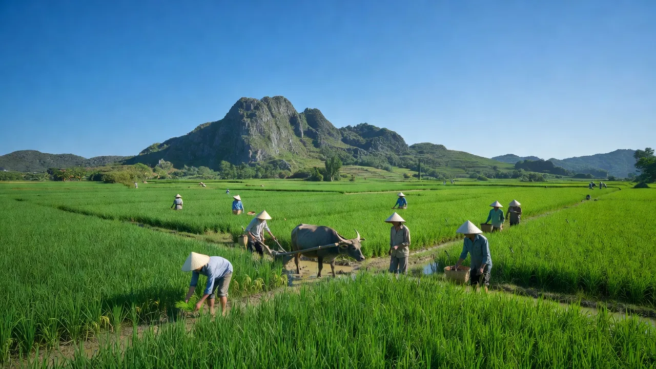 Phong cảnh xã Diên Sơn, huyện Diên Khánh, tỉnh Khánh Hòa với đồng xanh và bầu trời trong xanh.