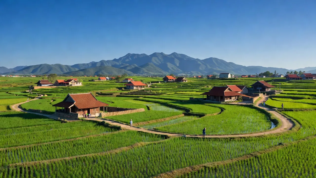 Phong cảnh xã Diên Thạnh, huyện Diên Khánh, tỉnh Khánh Hòa với cánh đồng xanh và núi xa.