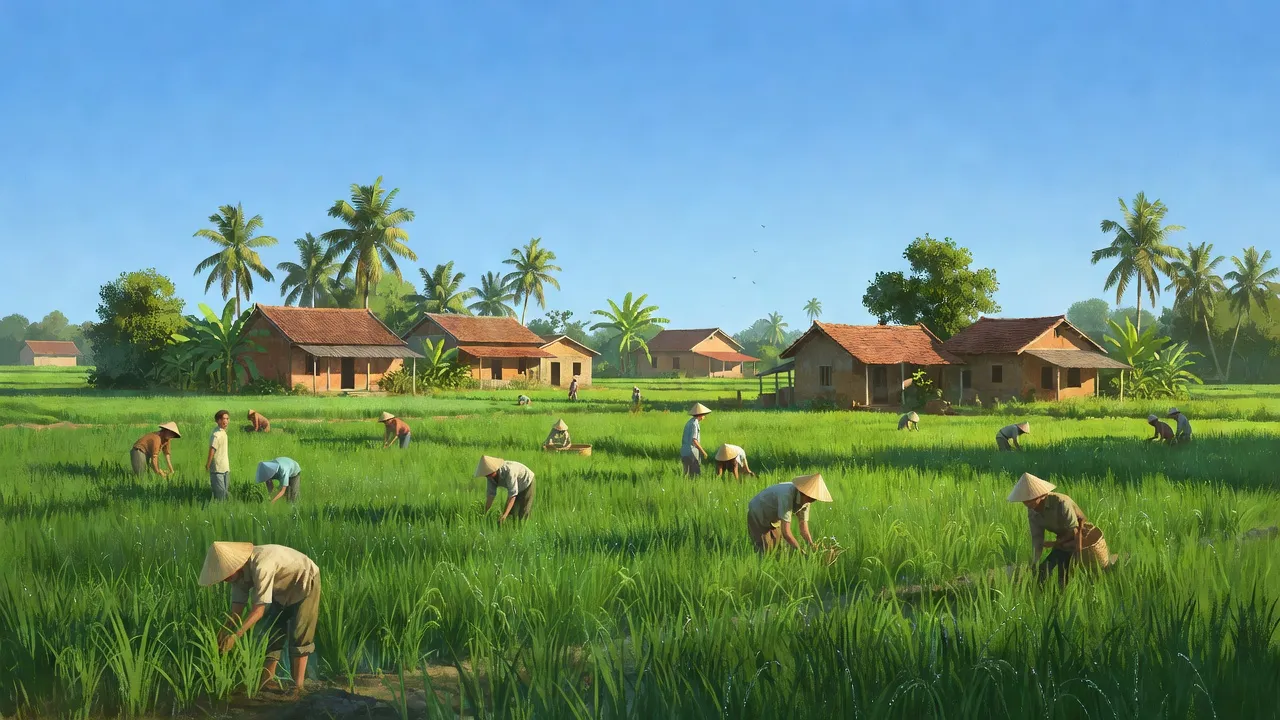 Cảnh đẹp xã Diên Thọ, huyện Diên Khánh, tỉnh Khánh Hòa với đồng xanh và bầu trời trong lành.