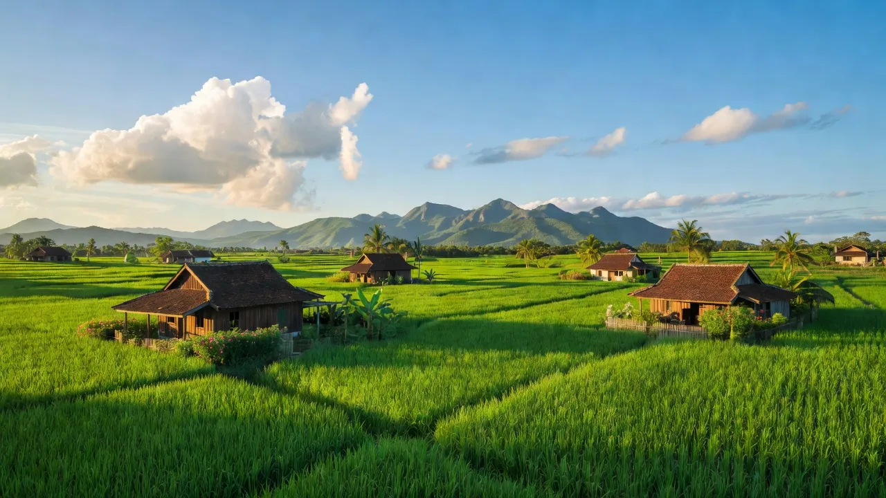Cảnh nông thôn Xã Diên Thọ, Diên Khánh, Khánh Hòa với đồng xanh và nhà truyền thống.