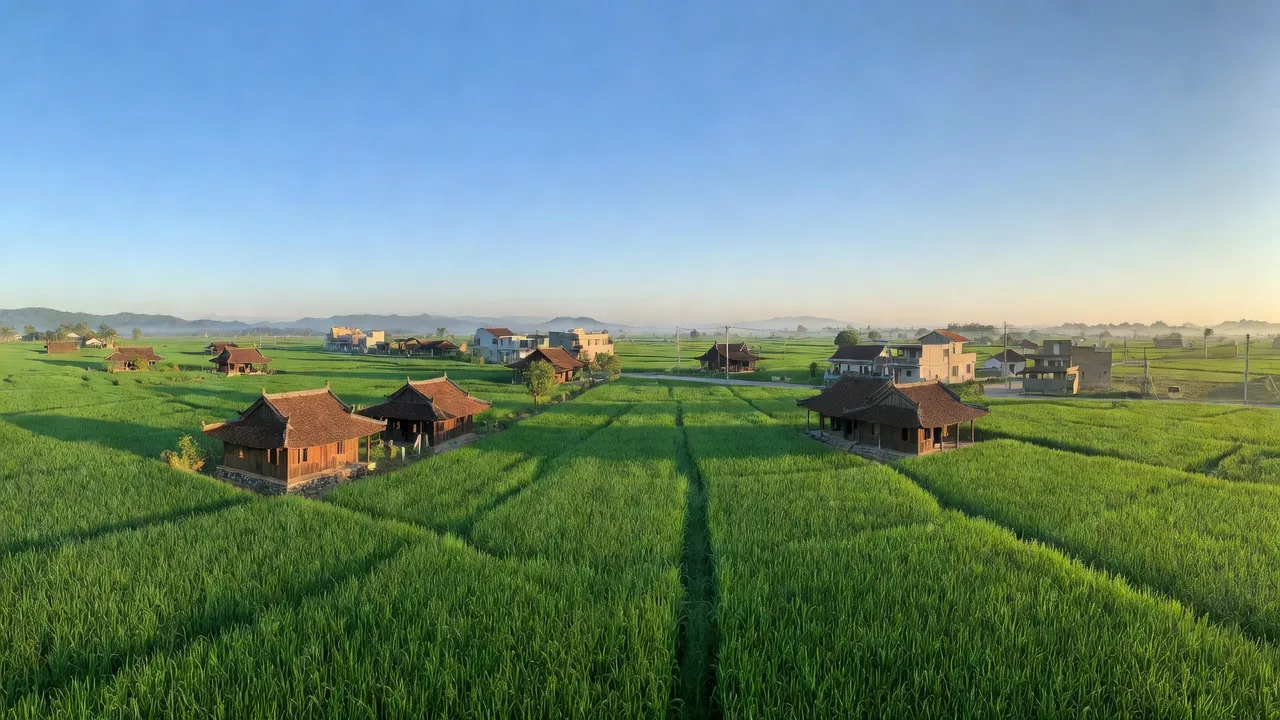 Cảnh đồng xanh và nhà cửa truyền thống tại xã Diên Toàn, huyện Diên Khánh, Khánh Hòa.