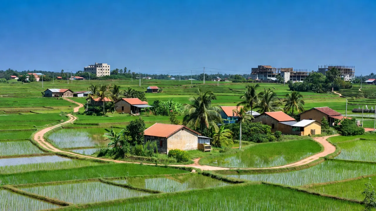 Khung cảnh nông thôn xã Suối Tiên, huyện Diên Khánh, tỉnh Khánh Hòa với cánh đồng lúa và nhà cửa.
