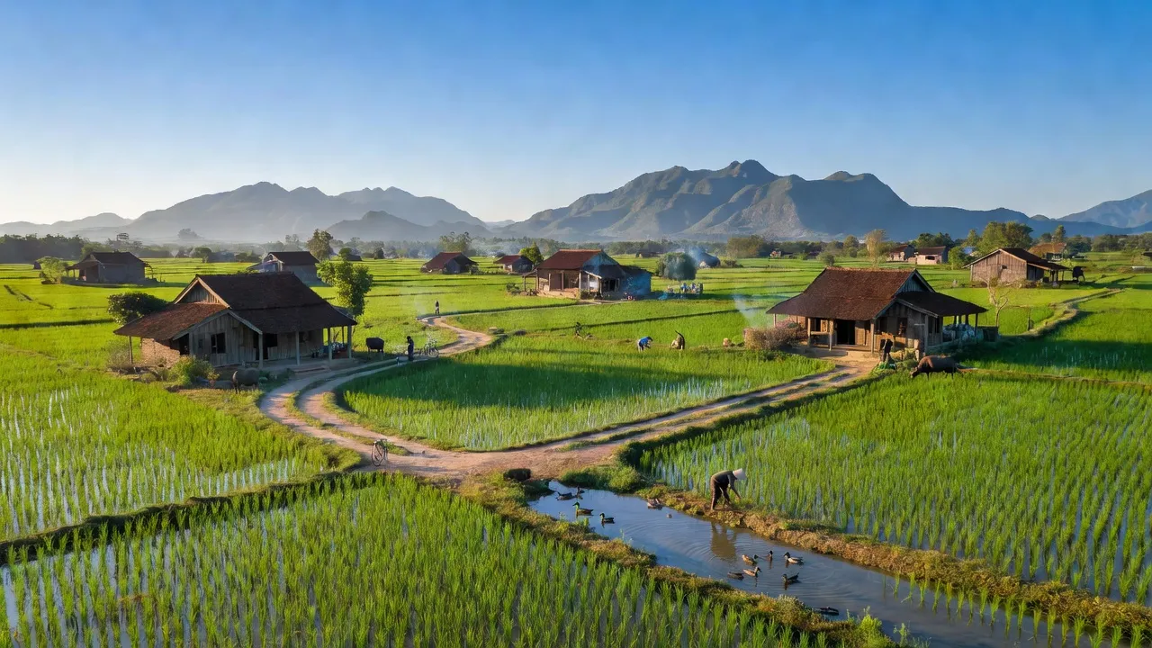 Cảnh quan yên bình xã Xuân Đồng, huyện Diên Khánh với cánh đồng xanh và nhà truyền thống.