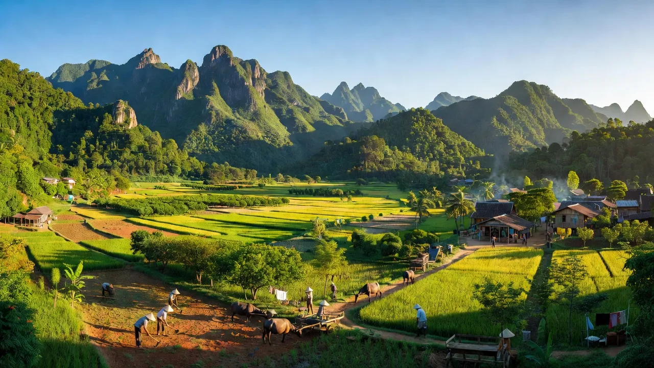 Cảnh quan huyện Khánh Sơn với núi rừng và nông nghiệp, tỉnh Khánh Hòa, Việt Nam.