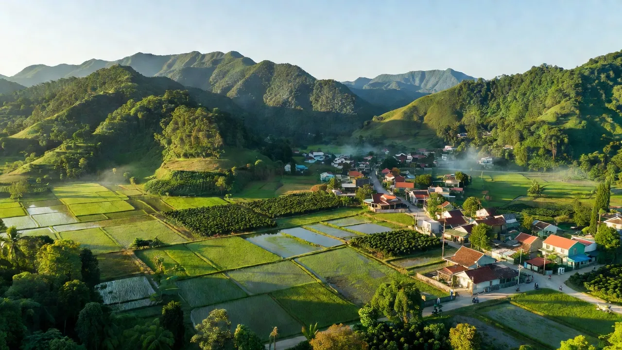 Khánh Sơn, huyện miền núi tỉnh Khánh Hòa, với cảnh quan đồi núi xanh tươi và thị trấn Tô Hạp.