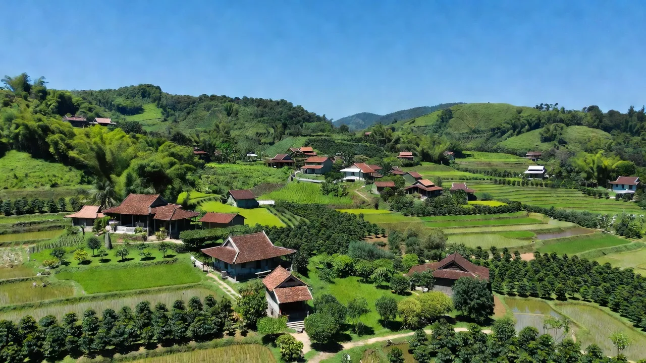 Khung cảnh xã Ba Cụm Bắc huyện Khánh Sơn với nhà truyền thống và đồi núi xanh tươi.