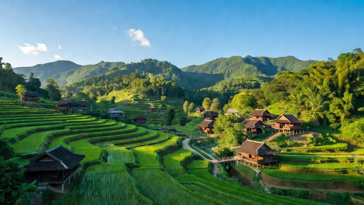 Khung cảnh bình yên xã Sơn Hiệp, huyện Khánh Sơn, tỉnh Khánh Hòa với núi non và ruộng bậc thang.